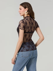 Women Lace Tops Short Sleeve Crew Neck See-through Sheer T-shirt Summer Casual Tee Shirts Clubwear