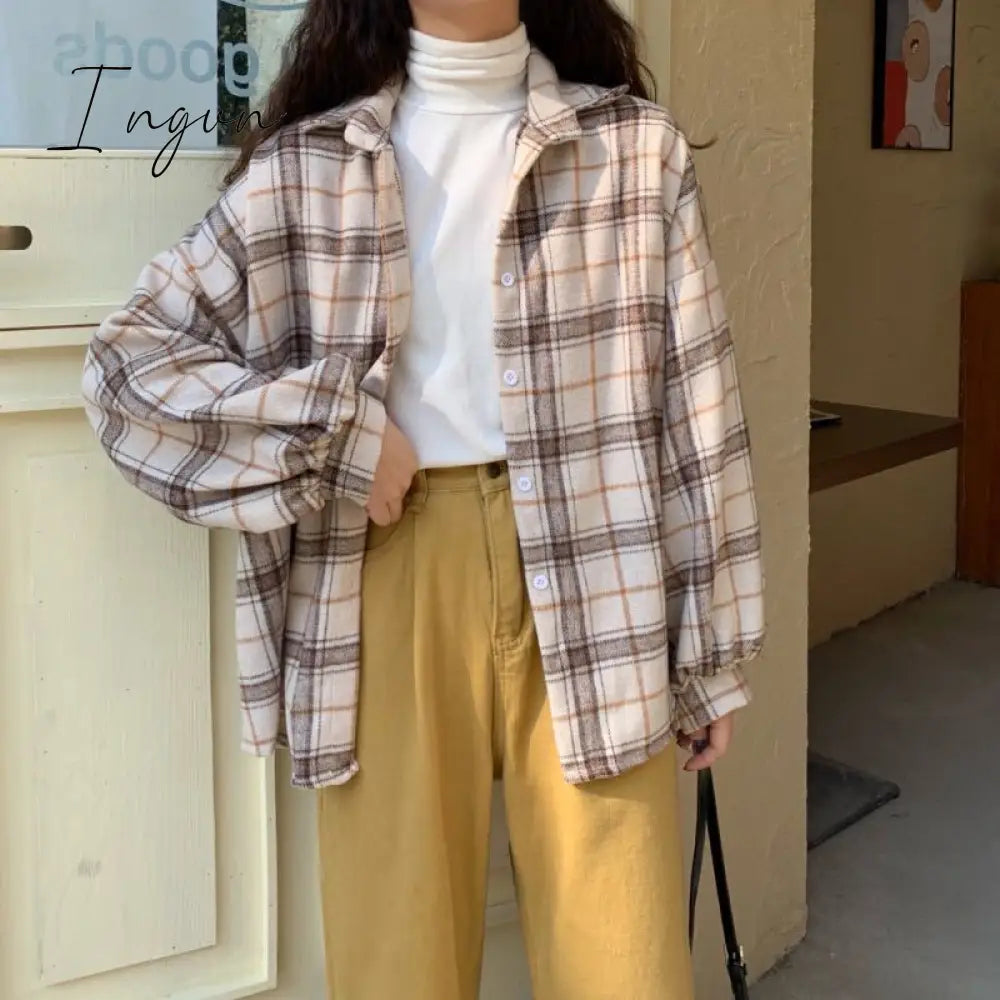 Ingvn - Women Blouses Turn-down Collar Spring Shirts Plaid All-match BF Batwing-sleeve Loose Outwear Harajuku Female 4 Colors Chic New