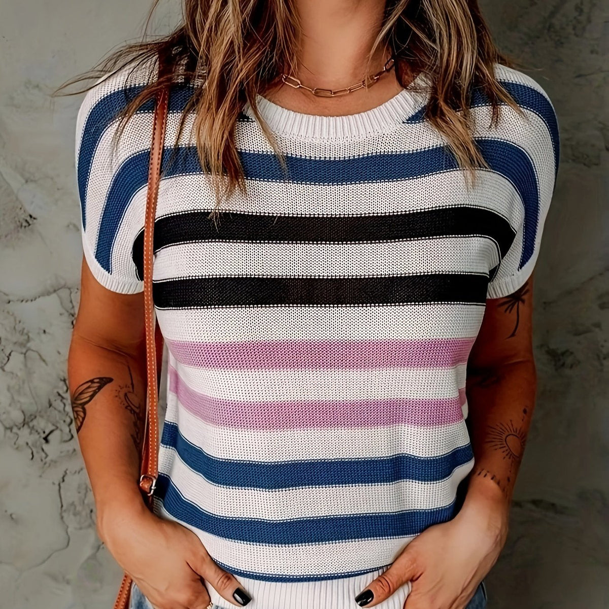 Striped Crew Neck Knit Sweater, Casual Short Sleeve Lightweight Sweater For Spring & Summer, Women's Clothing