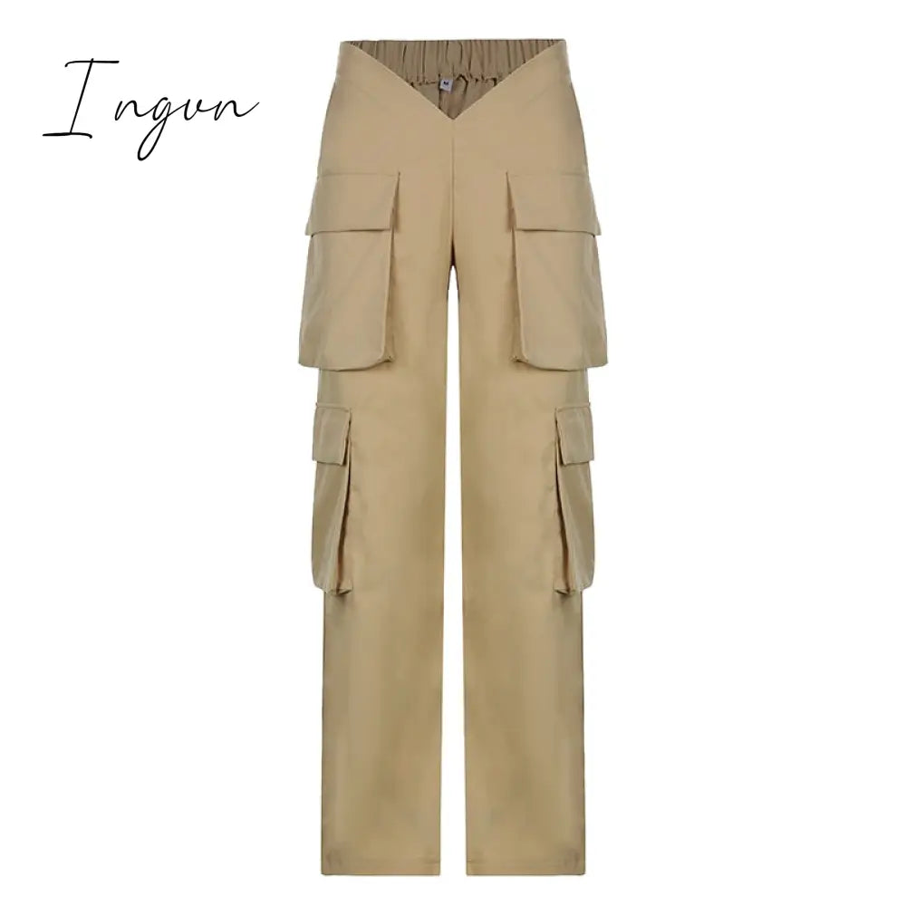 Ingvn - Vintage Y2k Cargo Pants Women Elastic High Waist Big Pockets Baggy Casual Capris Aesthetic Autumn Jogger Sweatpants