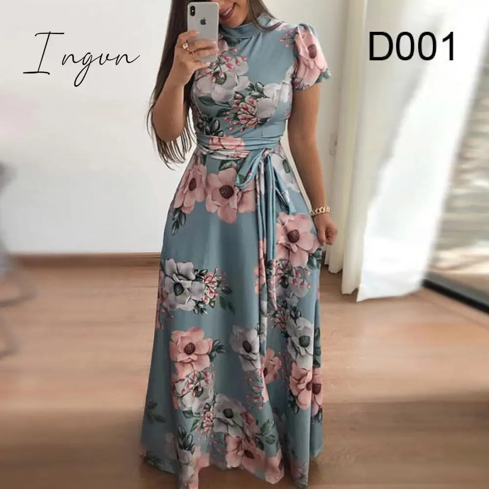 Ingvn - Flower Print Long Sleeve Maxi Dress Spring Autumn Casual Slim Sashes Long Dress Women Elegant Robe Party Dresses Plus Size S-5XL