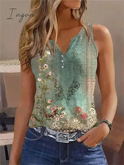 Ingvn - Women's Tank Top White Red Blue Floral Button Print Short Sleeve Casual Holiday Basic V Neck Floral