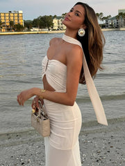 Hollow Out Backless Sexy Maxi Dress Women Gown Summer Halter Off-shoulder Backless Club Party Long Dress Elegant
