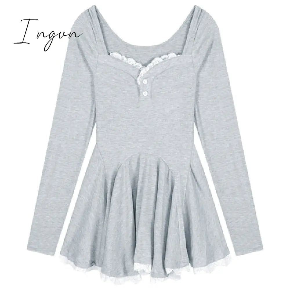 Ingvn - Long Sleeve Lace Mini Dress Woman Lolita Kawaii Dress Party Casual  Slim Pure Color Elegant Dress Korean Style Female