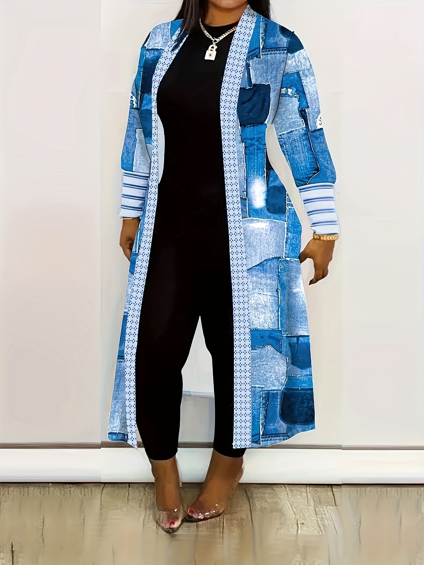 Long Sleeve Colorblock Geometric Print Casual Open Front Cardigan, Women's Clothing