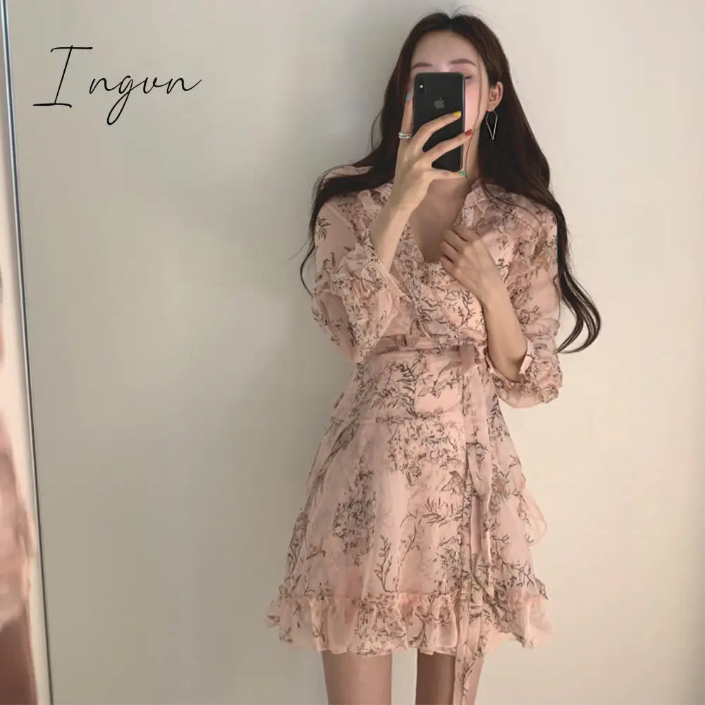 Ingvn - Women Mini Dress Spring New V-neck Floral Chiffon Dress High Waist Flare Sleeve Female Dress Woman's Dress KarolyiDora KA88