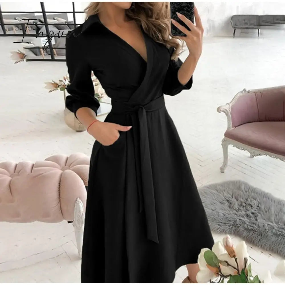 Ingvn - v neck long sleeve spring summer printed dress