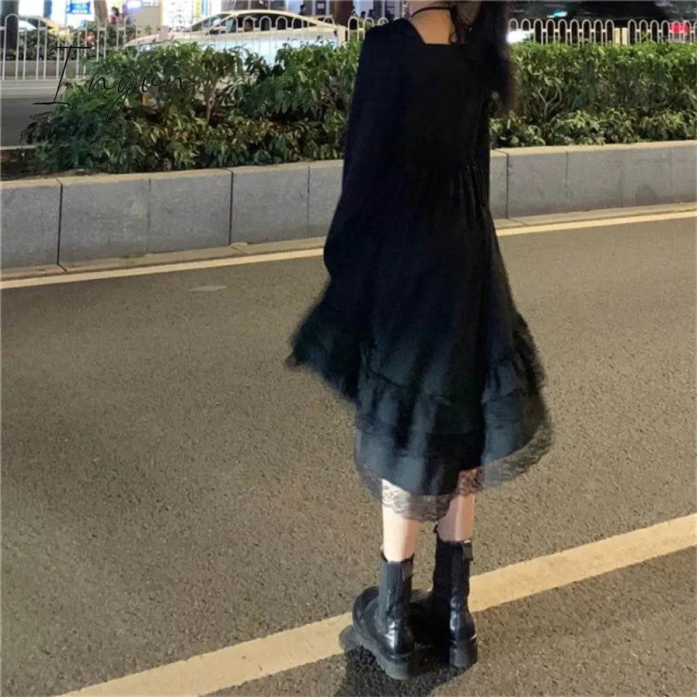 Ingvn - New Gothic Women Black Fairy Party Dress Cross Square Collar Lolita Princess Irregular Dress Cute Kawaii Lace Ruffles Chic Dress