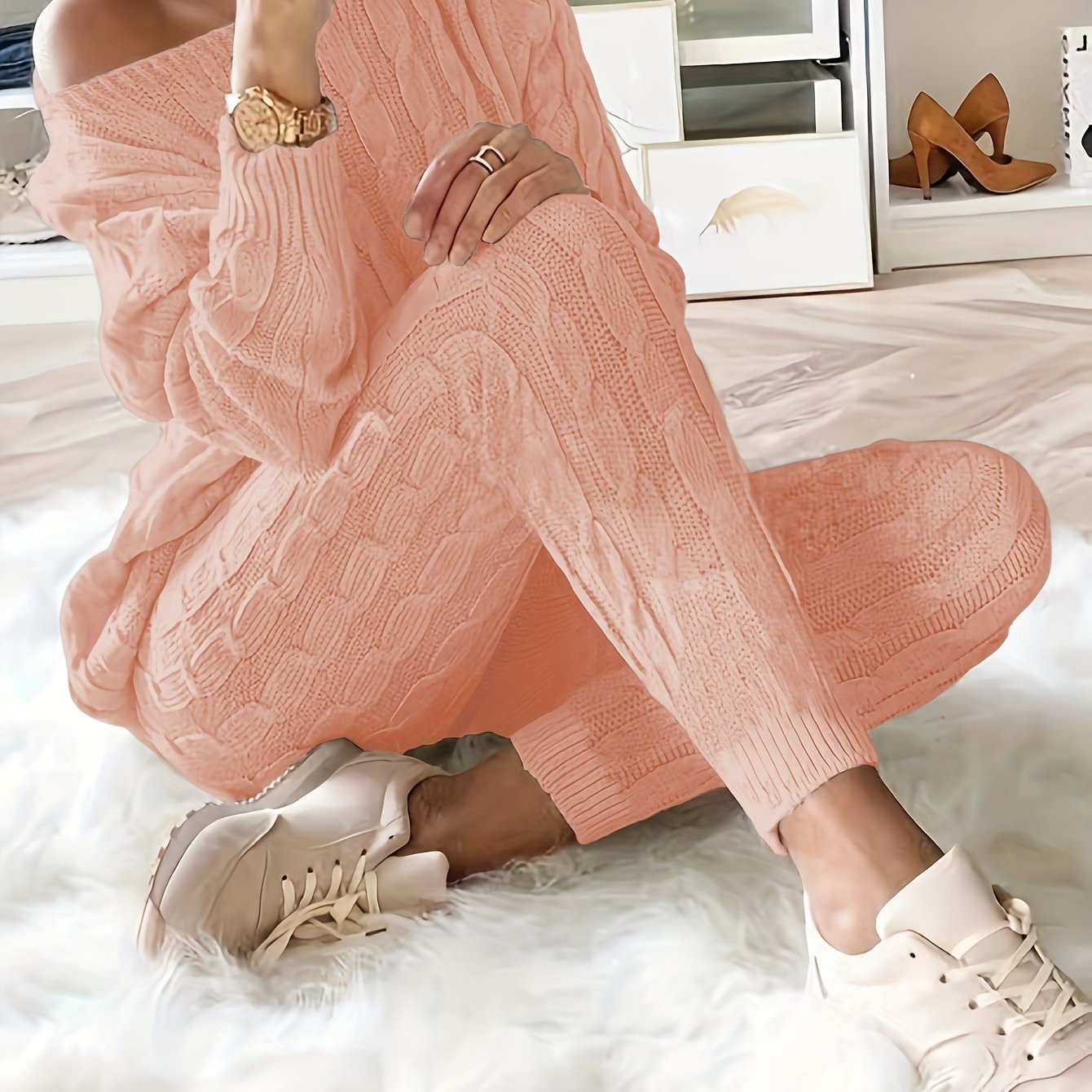 Solid Knitted Matching Two-piece Set, Casual Long Sleeve Sweater & Pants Outfits, Women's Clothing