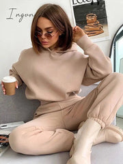 Ingvn - Fashion Casual Fleece Tracksuits Women Solid Warm 2 Piece Set Loose Hoodies And Sweatpants Suit Autumn Winter Sportswear Outfits