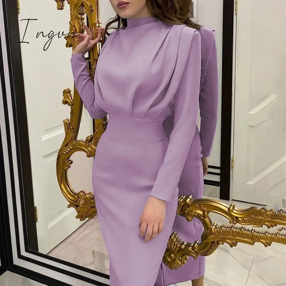 Ingvn - New Fashion Solid Party Dress Women Elegant Stand Collar Pleated Slim Long Dresses Lady Autumn Spring Casual Commute Dress