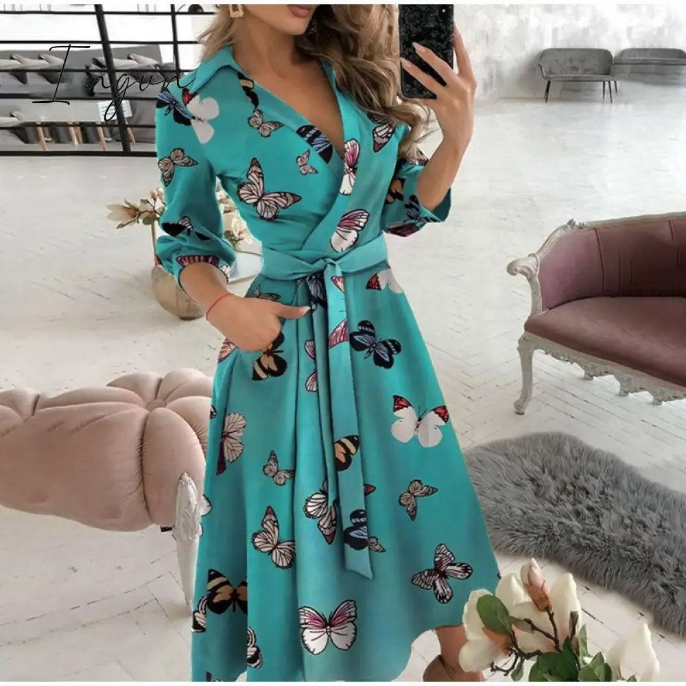 Ingvn - v neck long sleeve spring summer printed dress