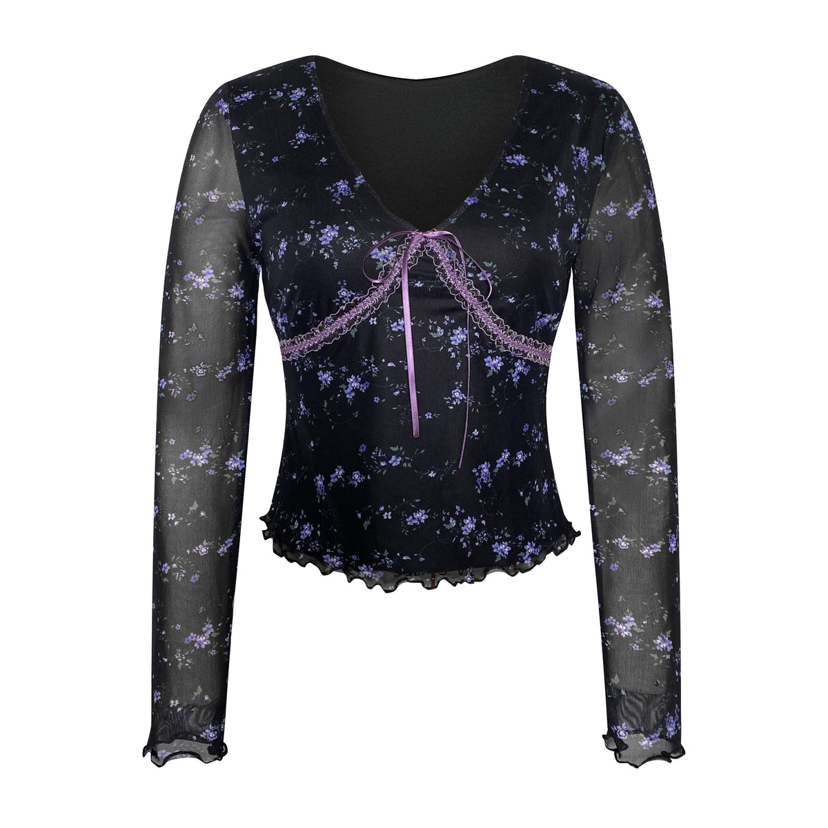 Floral Print V Neck T-Shirt, Casual Long Sleeve Lace Decor Slim Top, Women's Clothing