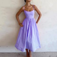 Women's Trade Summer New Solid Color Sexy U-collar Waist Pleated Sling dress