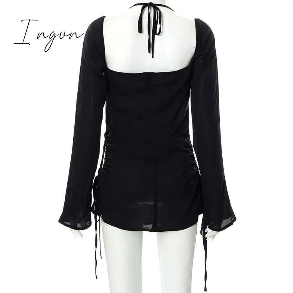 Ingvn - Going Out Outfits Spring Elegant Cut Out Halter Bodycon Mini Dress Women Sexy Flare Long Sleeve Drawstring Backless Party Dresses