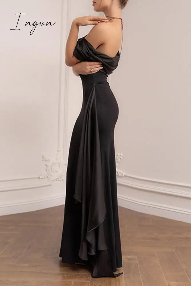 Sexy Formal Solid Mesh Oblique Collar Evening Dresses