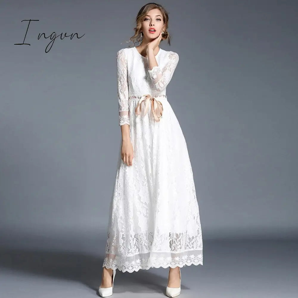 Ingvn - 2023 Fashion Trends High-end Hollow Out White Lace Dress Women Maxi Dress Robe Femme Ete Autumn Long Party Dresses Vestido Longo