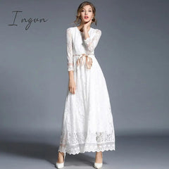 Ingvn - 2023 Fashion Trends High-end Hollow Out White Lace Dress Women Maxi Dress Robe Femme Ete Autumn Long Party Dresses Vestido Longo