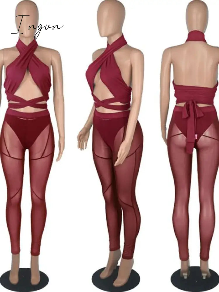 Ingvn - Sexy Mesh Sheer Spliced Two Piece Set Tracksuit Women Bodysuit Pants Summer Clothes Vacation Club Outfits Matching Sets