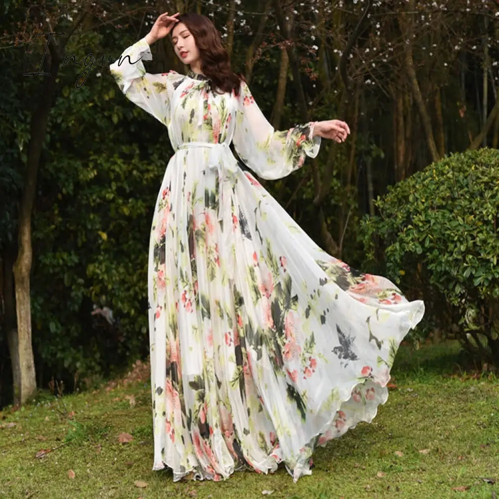 Ingvn - 2023 New Arrives Chiffon Long Sleeve Floral Print Dress Boho Plus Size Women Beach Party Garden Maxi Dress Elegant Vestidos Robe