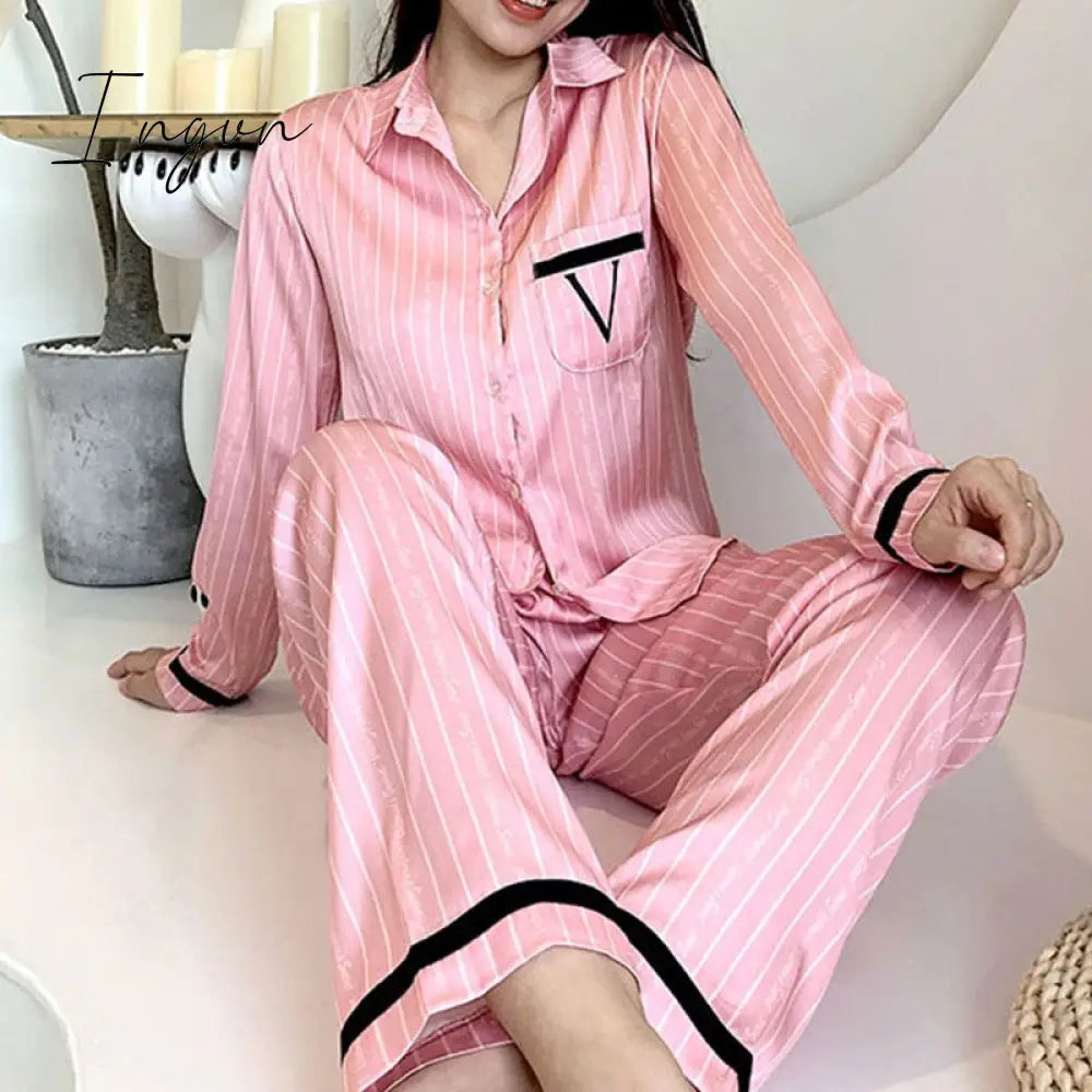 Ingvn - 2 Pieces Set Summer Pajamas for Women V Long Satin Silk Sleepwear Ladies Luxury Pyjamas Home Wear Pjs Loungewear