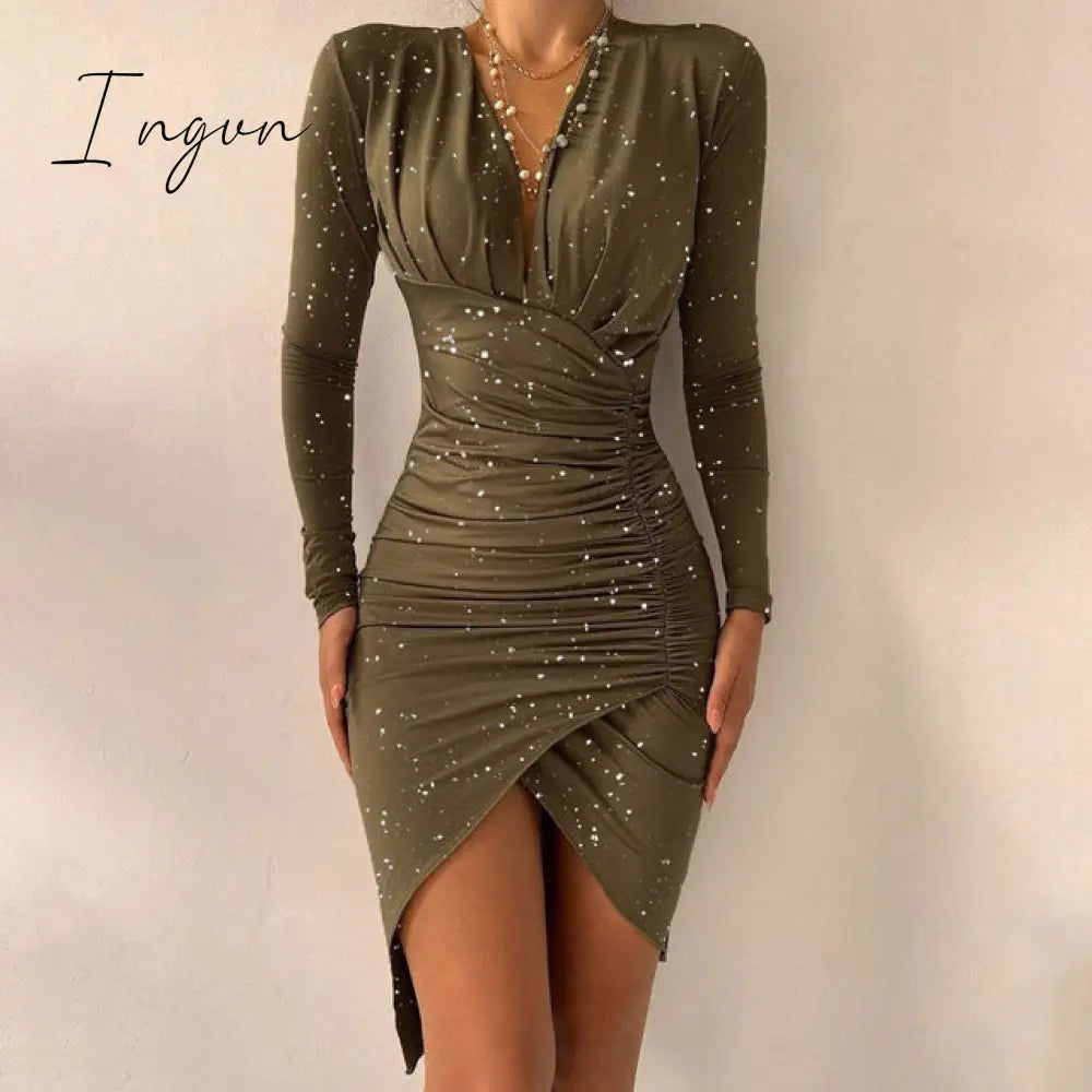 Ingvn - Women's Spring Sexy Package Hips Long-sleeve V-neck Printed Slit Dress Clothing Summer Black Bodycon Dresses For Women Party