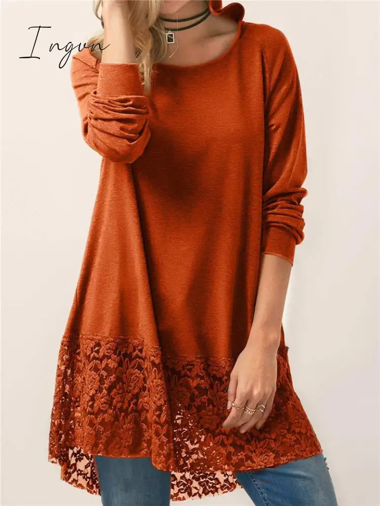 Ingvn - Women Pure Color Lace Patchwork Long Sleeve T-shirt With Hood