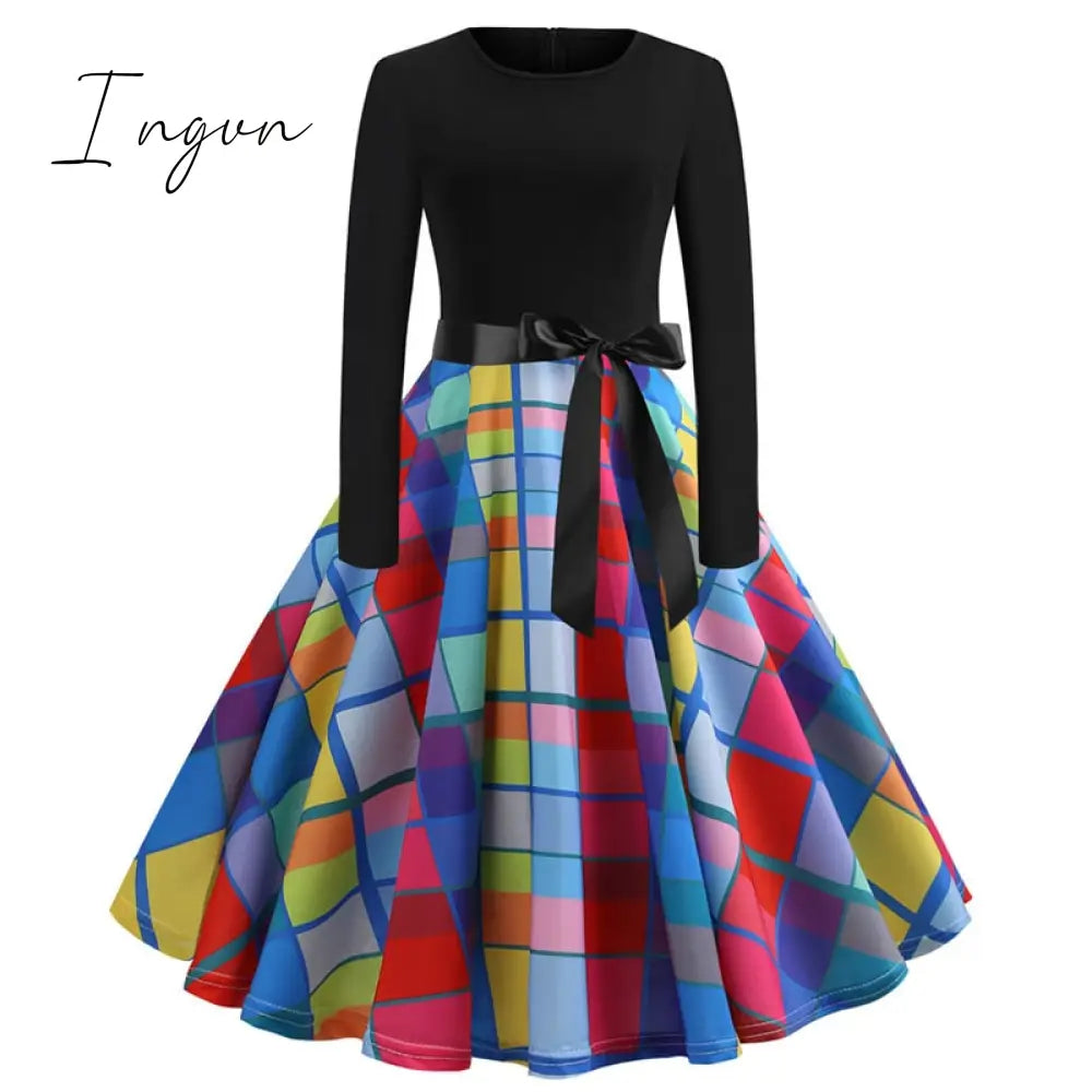 Ingvn - Winter Christmas Dresses Women 50S 60S Vintage Robe Swing Pinup Elegant Party Dress Long Sleeve Casual Plus Size Print Black