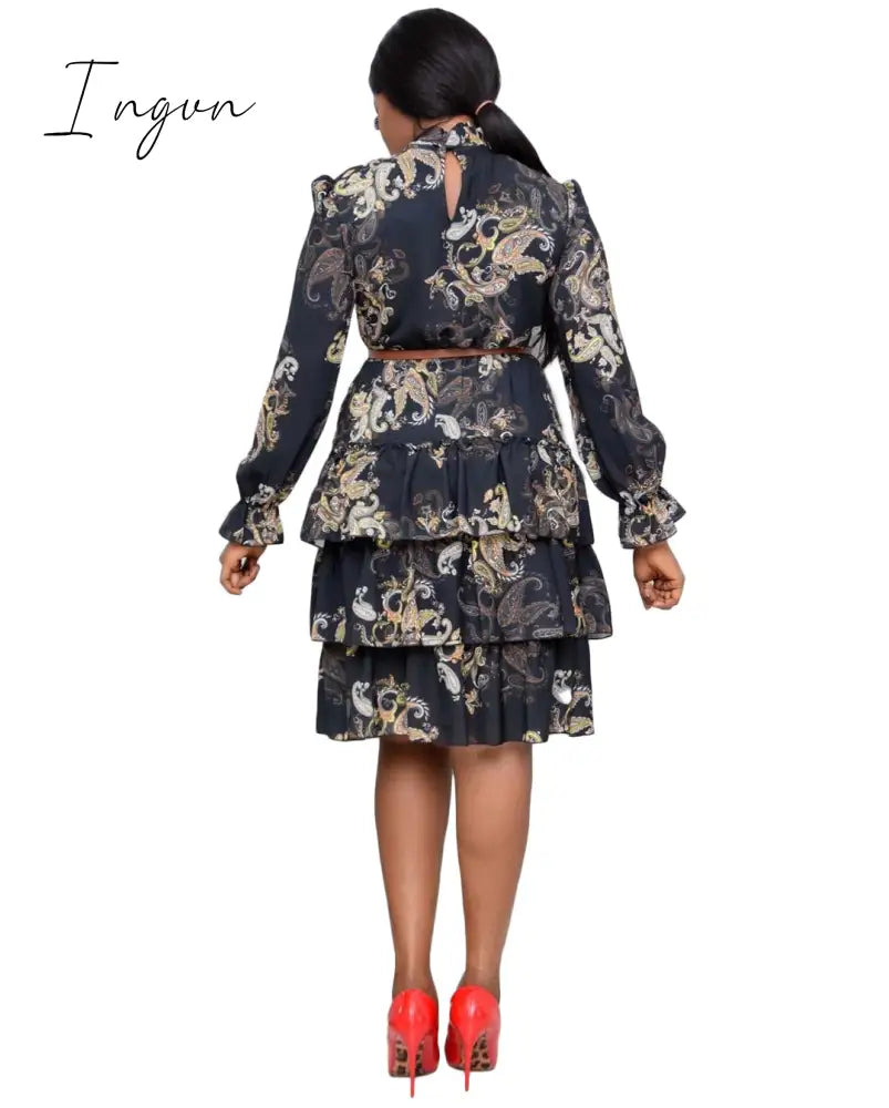 Ingvn - Women Printed Dresses Long Sleeves Bowtie Cake Dress Female Ruffles Pleated Africn Fashion Lovely Date Sweet Vestidos Plus Size