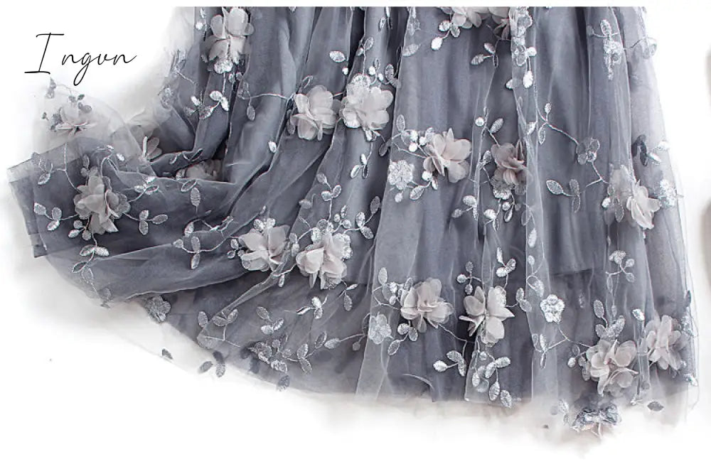 Ingvn - Luxury Woman Skirts Korean style Fashion Elastic Waist Appliques Embroidery Floral Mesh Skirt Long Gauze Ball Gown Skirt