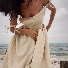 French Holiday Style Sexy Pure Desire Cotton and Linen Strap Backless Strap dress  Women's Clothing
