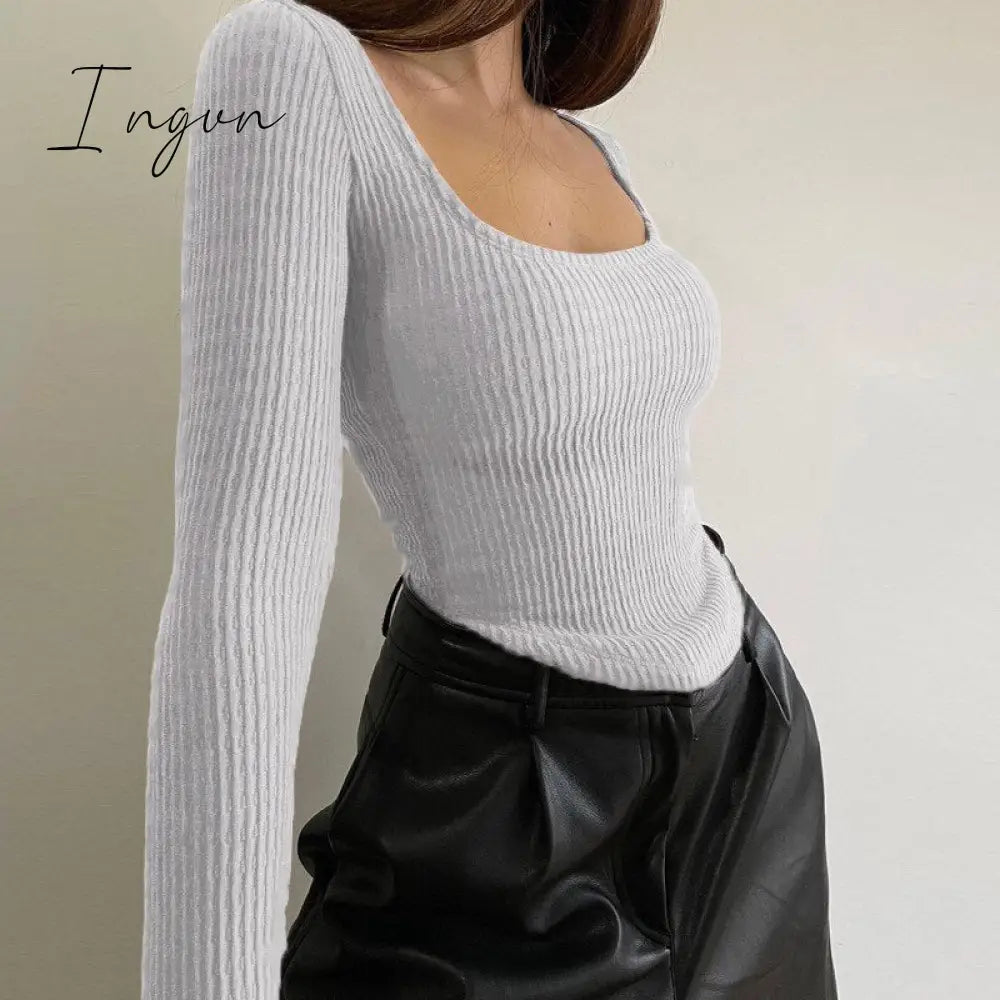 Ingvn - Crop Top Streetwear Long Sleeve Women Basic Cropped Skinny Casual Autumn Winter Sexy Ruched T Shirts Ins Red Tops