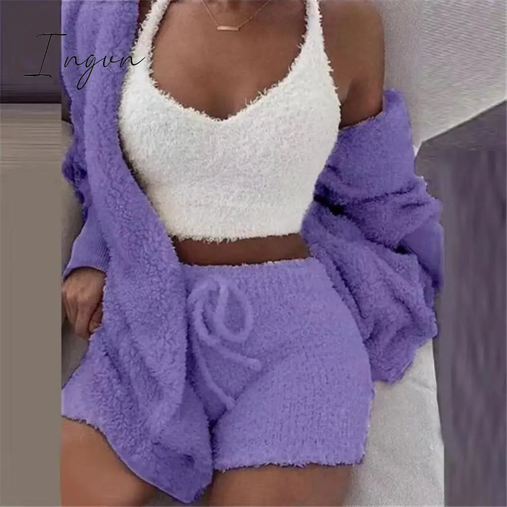 Ingvn - Brand quality Autumn Winter 3 Piece Fluffy Outfits Plush Sexy Backless Fleece Pyjamas Women Casual Sports Sweatshirt Home Wear Sets Tracksuit