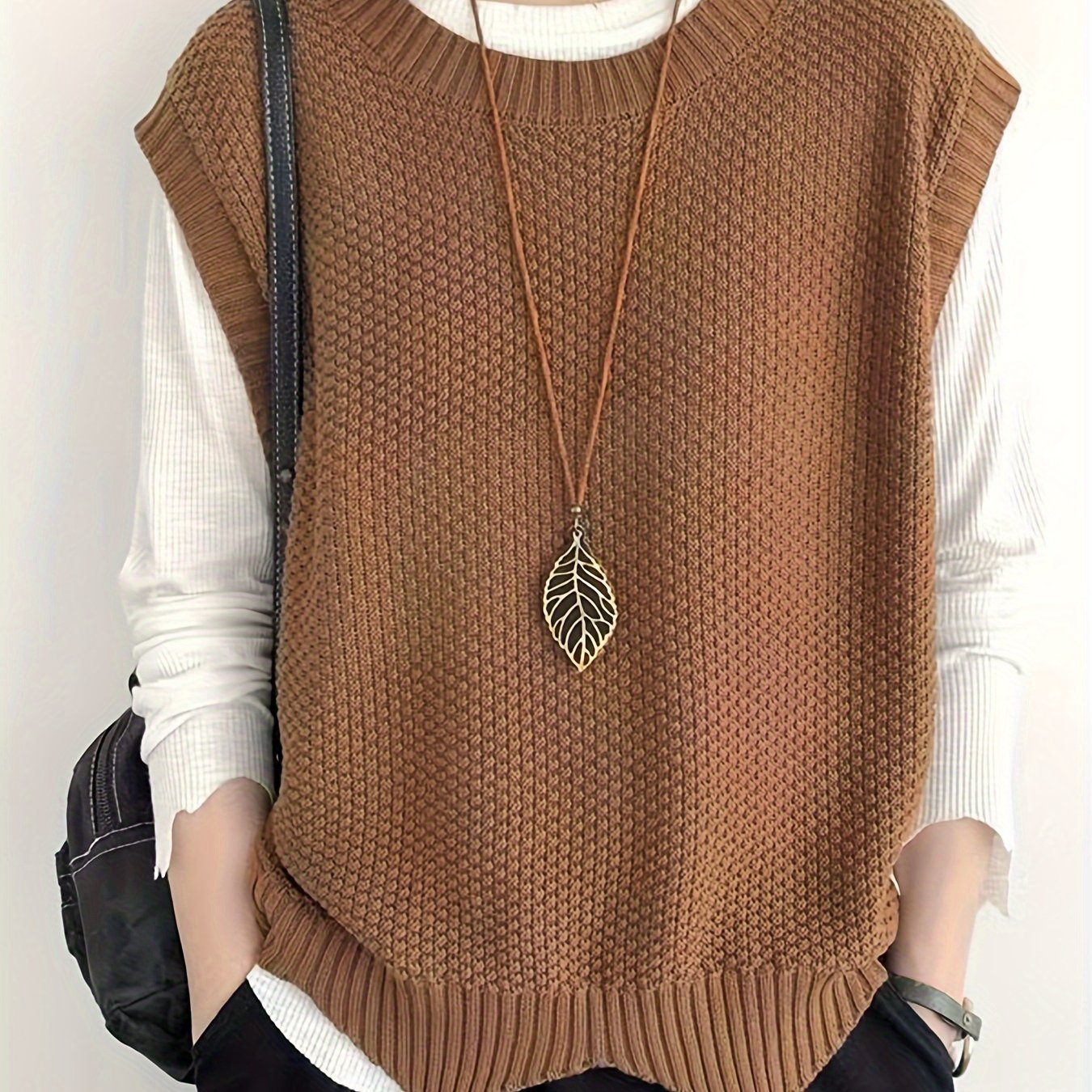 Solid Crew Neck Knitted Vest, Casual Sleeveless Loose Sweater, Women's Clothing