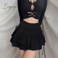 Ingvn - High Waist Lace Plaid Pleated Gothic Mini Skirt Sexy Mall Goth Skirt Gothic Punk Emo Club Wear Women Harajuku Y2k Dark Skirt