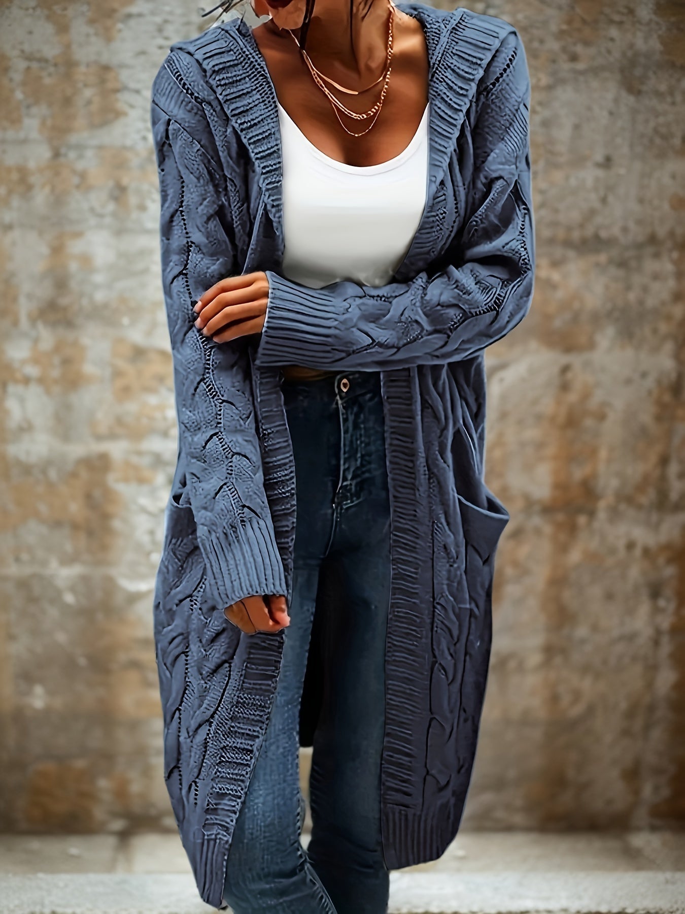 Cozy Micro-Elastic Plus Size Women's Long Sleeve Open Front Hooded Cardigan with Pockets for Casual Daily Wear - Solid Cable