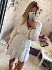 Ingvn - Summer Dresses For Women Sexy Plunge V Neck Women's Summer Dress White Lace Long Sleeve Mini Wedding Party Dress Ruffle Elegant Clothes