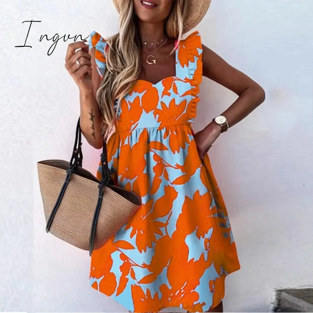 Ingvn - Elegant Butterfly Sleeve Ruffle Mini Dress Casual Square Collar Print Party Dress Women Summer Loose Pocket Beach Dress Vestidos