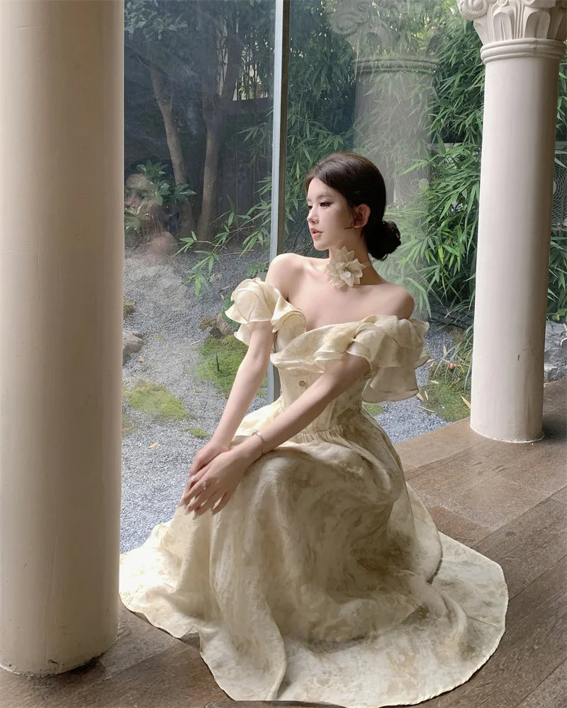French Vintage White Strapless Midi Dresses for Women Summer New Elegant Party Sleeveless Slim Evening Prom Female Clothing