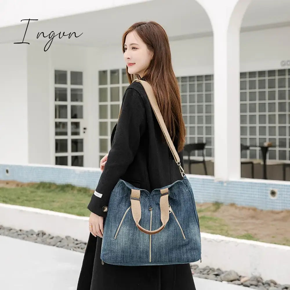 Ingvn - Women Large Capacity Tote Bag Quality Denim Handbag Luxury Ladies Shoulder Bag Light Blue bolso mujer 2024 Purse