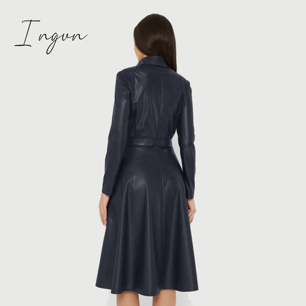 Ingvn - Winter Casual Sashes Pu Leather A-Line Dresses Women Turn-down Collar Long Sleeve Solid Color Knee Dress Office Lady Wear