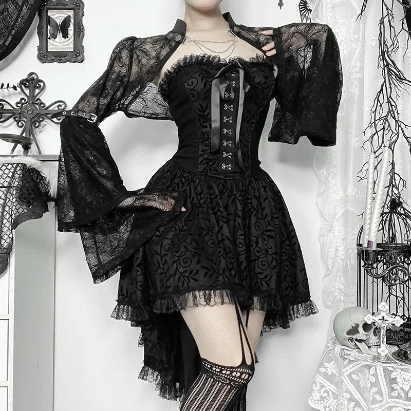Y2K Gothic Black Lace Mesh See Through Flared Sleeve Smock Vintage Elegant Aesthetic Chains Women Fashion Tops Autumn