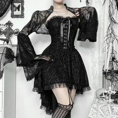 Y2K Gothic Black Lace Mesh See Through Flared Sleeve Smock Vintage Elegant Aesthetic Chains Women Fashion Tops Autumn