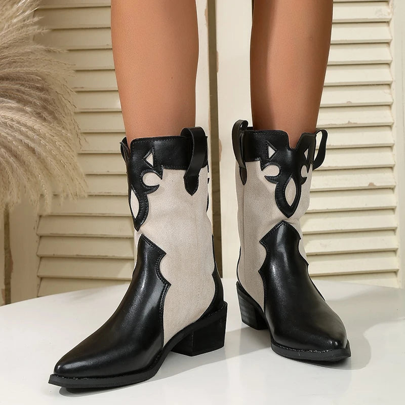 Ingvn  Vintage Women Western Cowgirl Boots Boots Fashion Slip On Short Booties Ladies Square Heels Largas Booties