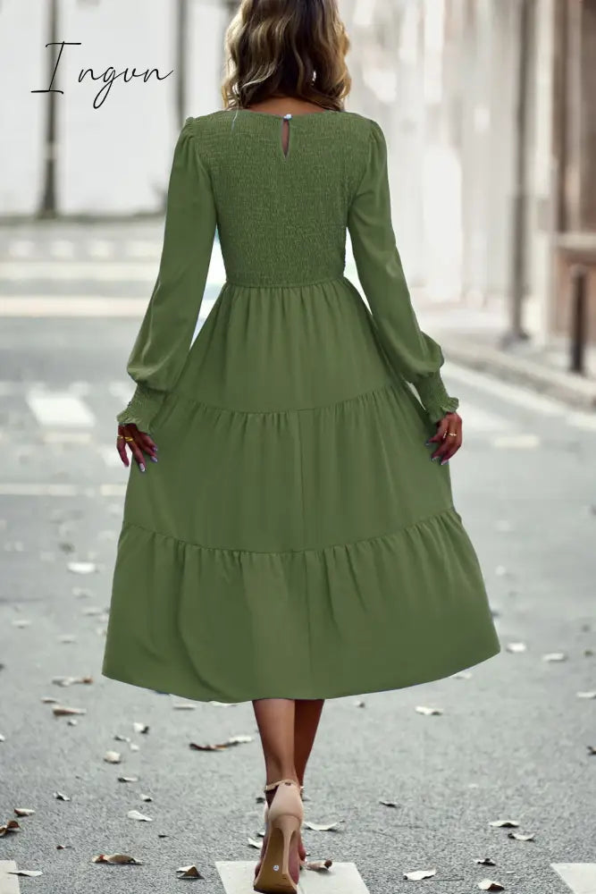 Ingvn - Smocked Long Puff Sleeve Tiered Midi Dress