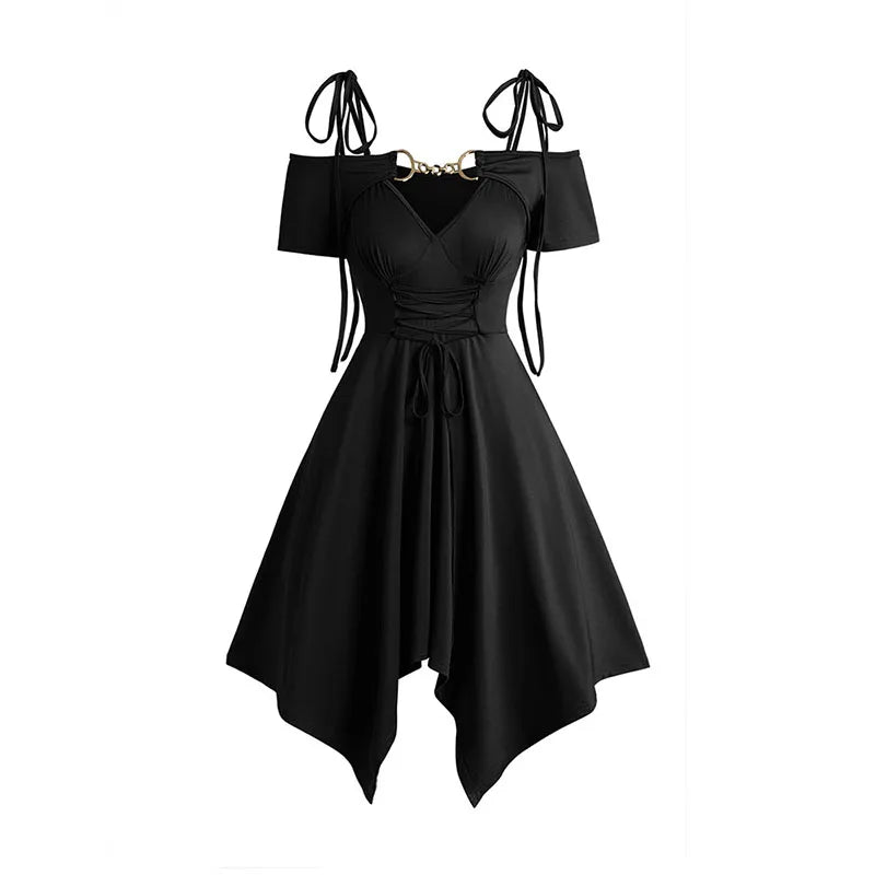2025 Women's Cold Shoulder Dresses Lace Up Asymmetric Dress Tie Knot Shoulder Chain Solid Color Short Sleeve Dress
