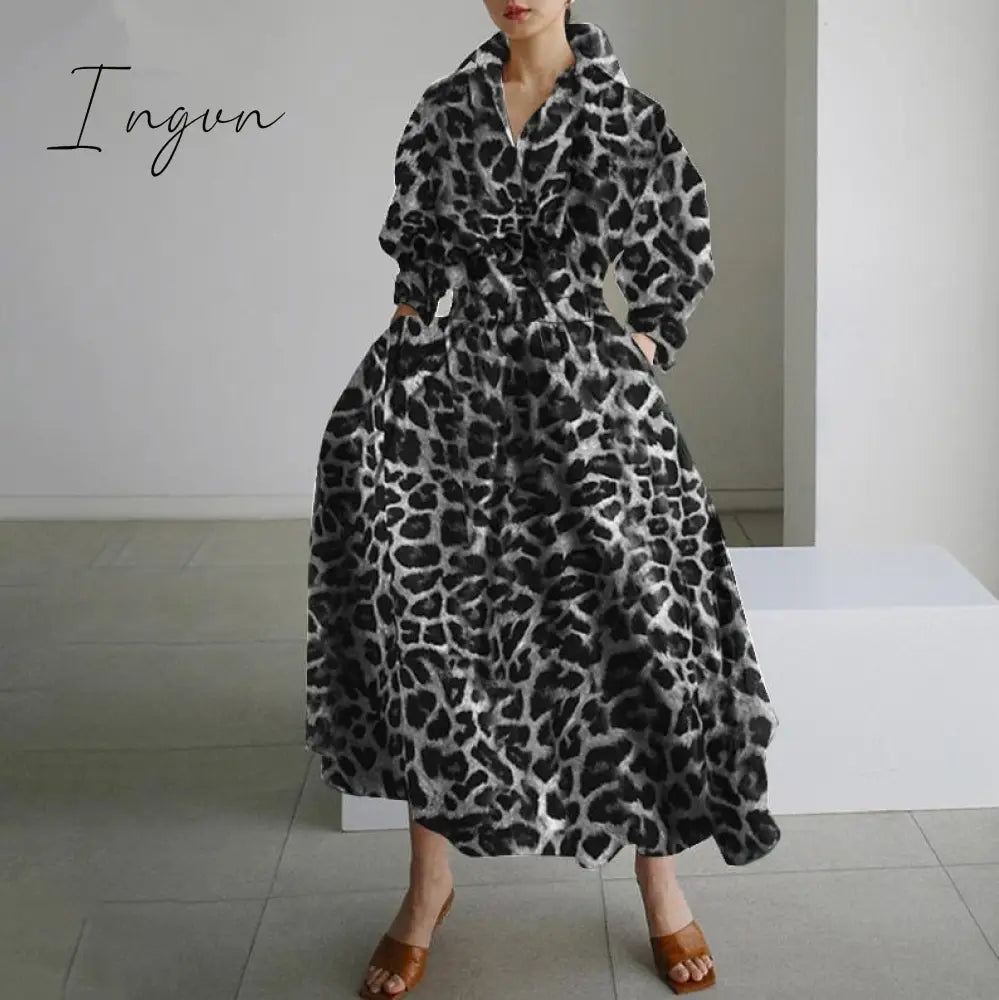 Ingvn - Elegant Women Spring Autumn Sundress Fashion Lapel Neck Long Sleeve Solid Long Shirt Dress OL Vestidos Robe Femme 5XL Long Dress