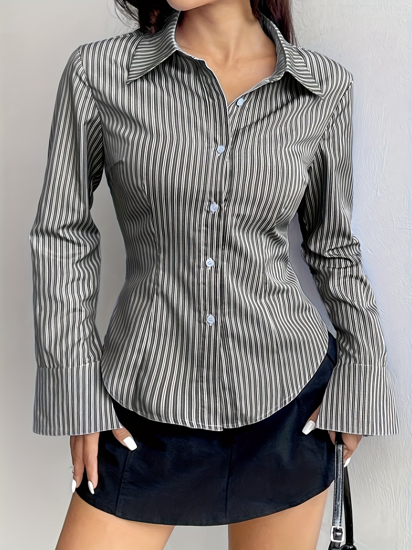 [Long Sleeve Shirt for Women] Elegant Striped Long Sleeve Shirt for Women - Slim Fit, Polyester, Machine Washable - Perfect for Spring/Fall