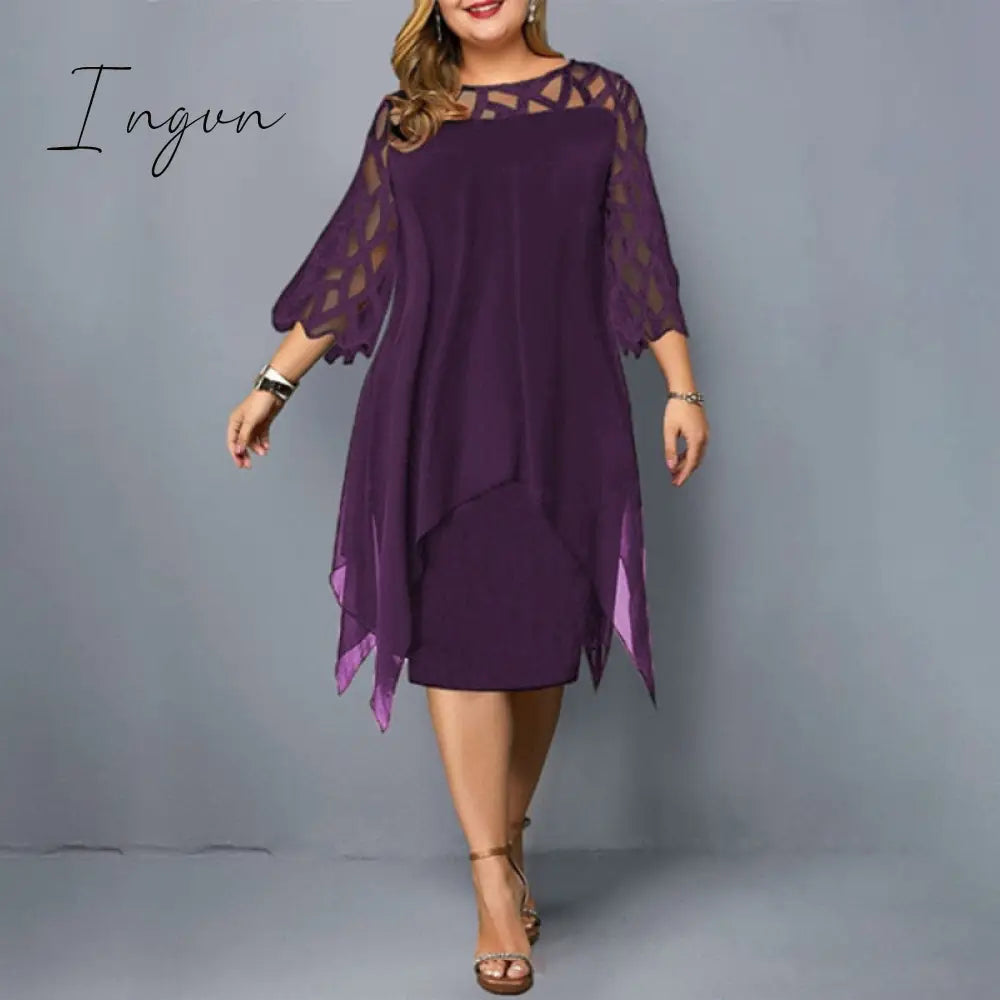 Ingvn - Plus Size Dresses 4XL 5XL 6XL Lace Mesh Sexy Elegant Midi Party Dress Red Black Green Purple Loose Hellow Women's Clothing