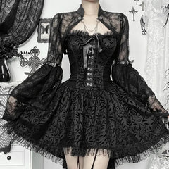 Y2K Gothic Black Lace Mesh See Through Flared Sleeve Smock Vintage Elegant Aesthetic Chains Women Fashion Tops Autumn